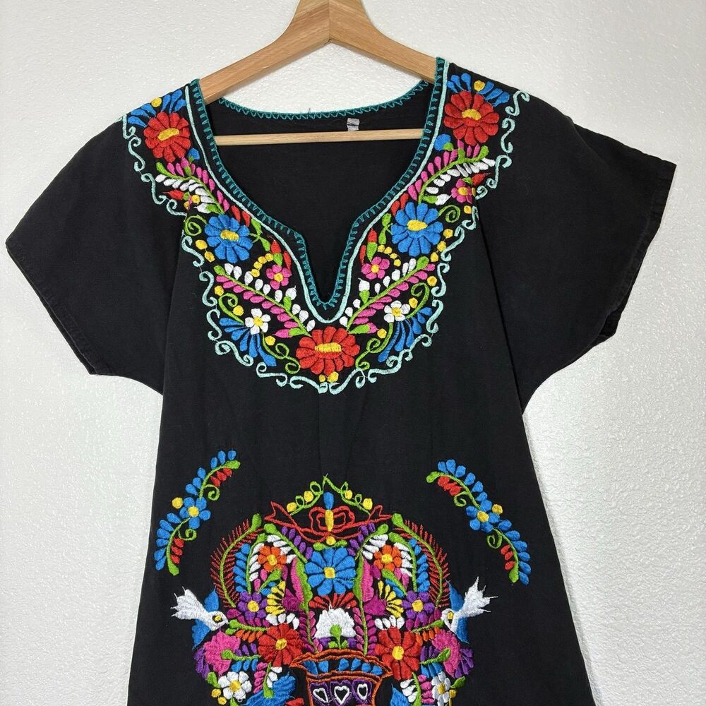 Mexican Embroidered Dress Womens M Black Floral Boho Short Cotton Tunic Peasant - Picture 4 of 9
